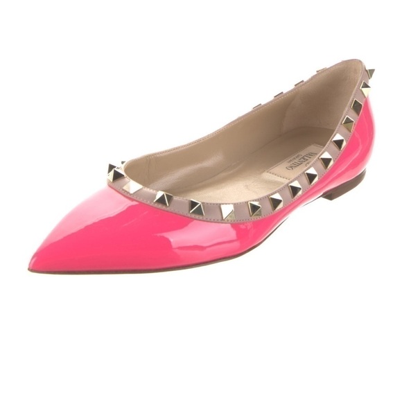 Valentino Hot Pink Rockstud Patent Leather Pointed Toe Ballet Flats Shoes Sz 39 - Picture 1 of 10